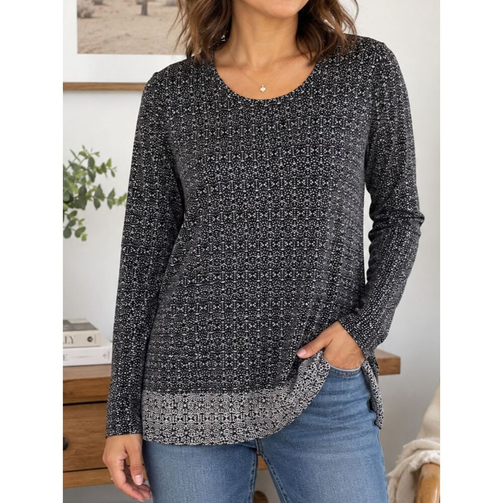 J.Jill XS Black Gray Floral Print Long Sleeve Tunic Top Stretch Border Hem